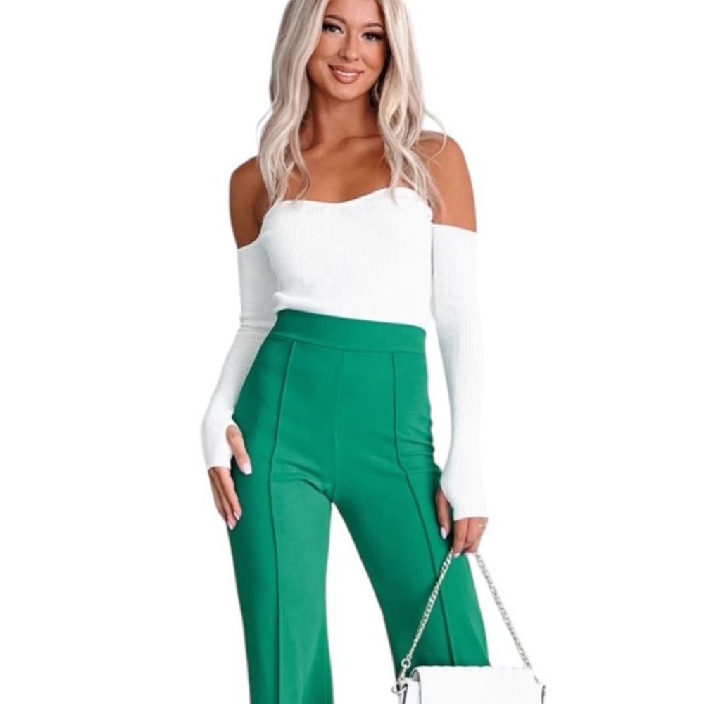 Elisabetta Franchi Chic Kelly Green High-Waist Pintuck Front Back Stretchy Pants